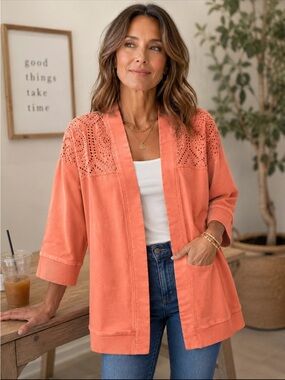 Soft Surroundings Coral Orange Open-Front Eyelet Cardigan